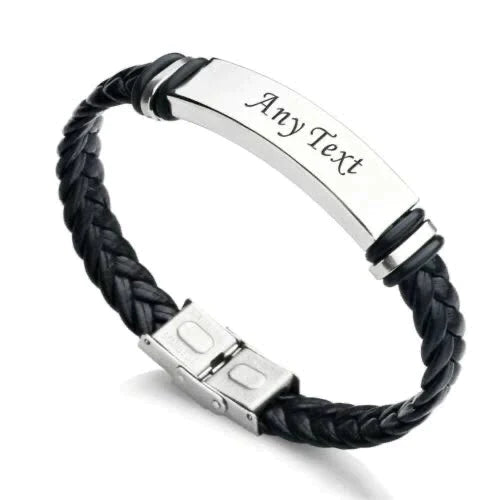 Men's Leather Bracelets Stainless Steel ID Bar Custom Name Date Logo Engrave Bangle & Bracelet Male Jewelry